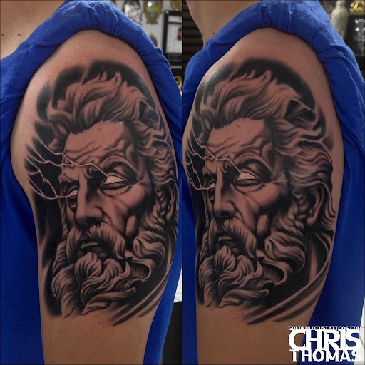 Explore upper leg tattoo ideas, creative tattoo ideas in Sherwood, available at Golden Lotus Tattoo Studio