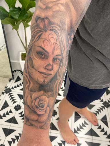 Explore skull tattoo sleeve ideas, creative tattoo ideas in Fort Worth, available at Dark Age Tattoo Studio Fort Worth