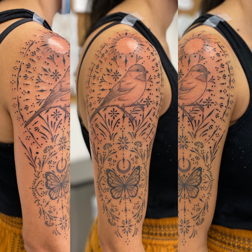 Explore dog tattoo ideas for guys, creative tattoo ideas in Arlington Heights, available at Space Cat Tattoo