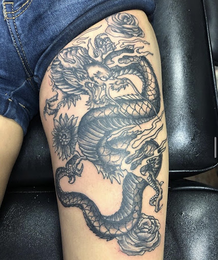 Explore medusa tattoo ideas thigh, creative tattoo ideas in Alamosa, available at The Shop Tattoo & Comics