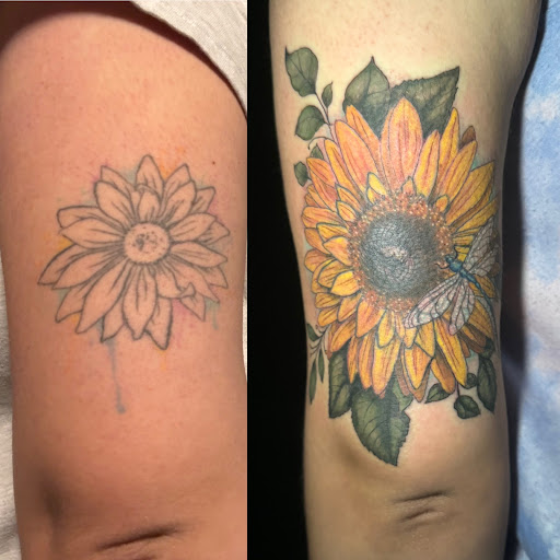 Explore cover up tattoo ideas for upper arm, creative tattoo ideas in Ventura, available at White Lotus Body Arts Studio