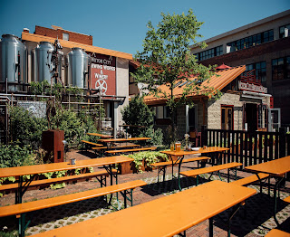 Brewing tanks in a taproom