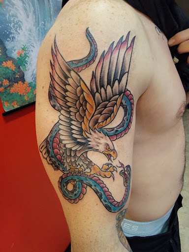 Explore background ideas for sleeve tattoos, creative tattoo ideas in Spartanburg, available at Lucky Dice Tattoo Shop Spartanburg