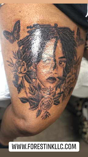 Explore tattoo cover up ideas on leg, creative tattoo ideas in Rochester, available at Forest Ink Tattoos