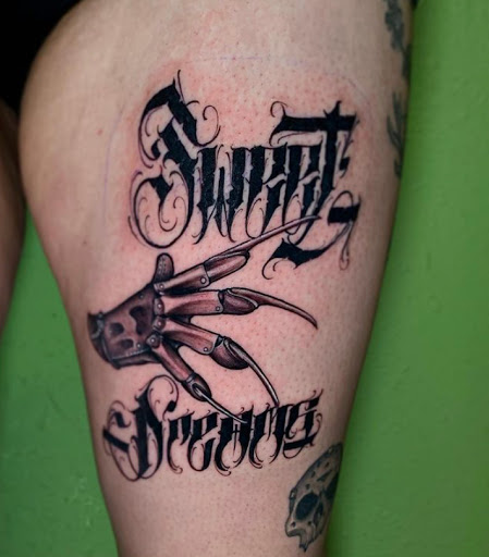 Explore knee tattoo ideas for men, creative tattoo ideas in Odessa, available at Black Cat Tattoo Company
