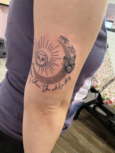 Explore hippie spiritual tattoo ideas, creative tattoo ideas in Radcliff, available at The Pink Toadstool Tattoo