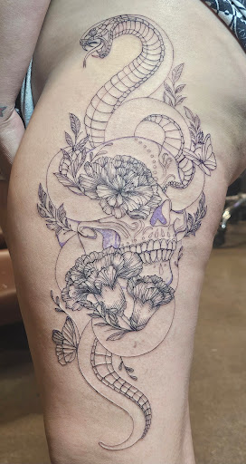 Explore side leg tattoo ideas, creative tattoo ideas in Los Angeles, available at Mohave Creative
