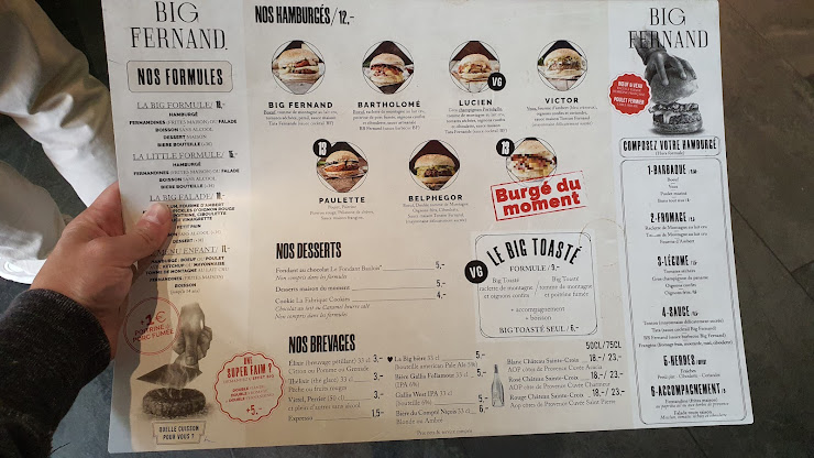 menu du Restaurant de hamburgers Big Fernand à Nice