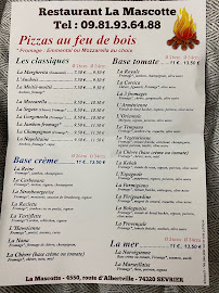 Menu / carte de Restaurant la Mascotte Sevrier à Sévrier