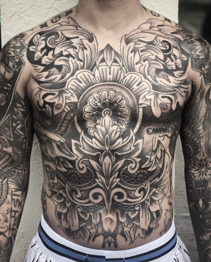 Explore chest to sleeve tattoo ideas, creative tattoo ideas in Winter Park, available at Golden Tarot Ink Club