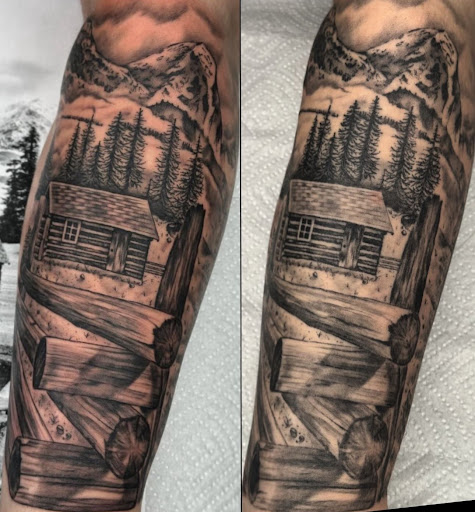 Explore nature sleeve tattoo ideas, creative tattoo ideas in Lakeview, available at Backwoods Tattoo Studio