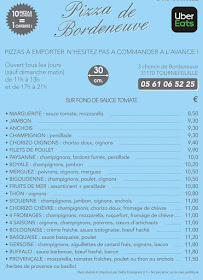 Menu / carte de Pizza De Bordeneuve à Tournefeuille