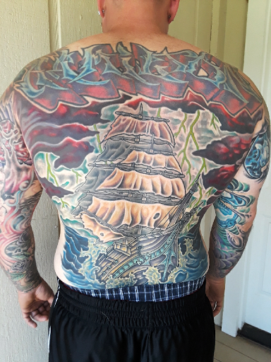 Explore camper tattoo ideas, creative tattoo ideas in Redding, available at DEADLIFT TATTOO