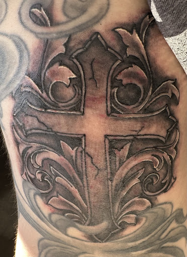 Explore small patchwork tattoo ideas, creative tattoo ideas in Lubbock, available at Sinners & Saints Art Company