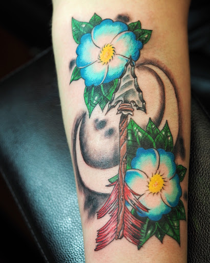 Explore inner bicep tattoo ideas, creative tattoo ideas in Springfield, available at Poke and a Rub art studio