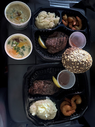 Steak and Shrimp Duo, loaded bake potato soup and mashed potatoes 