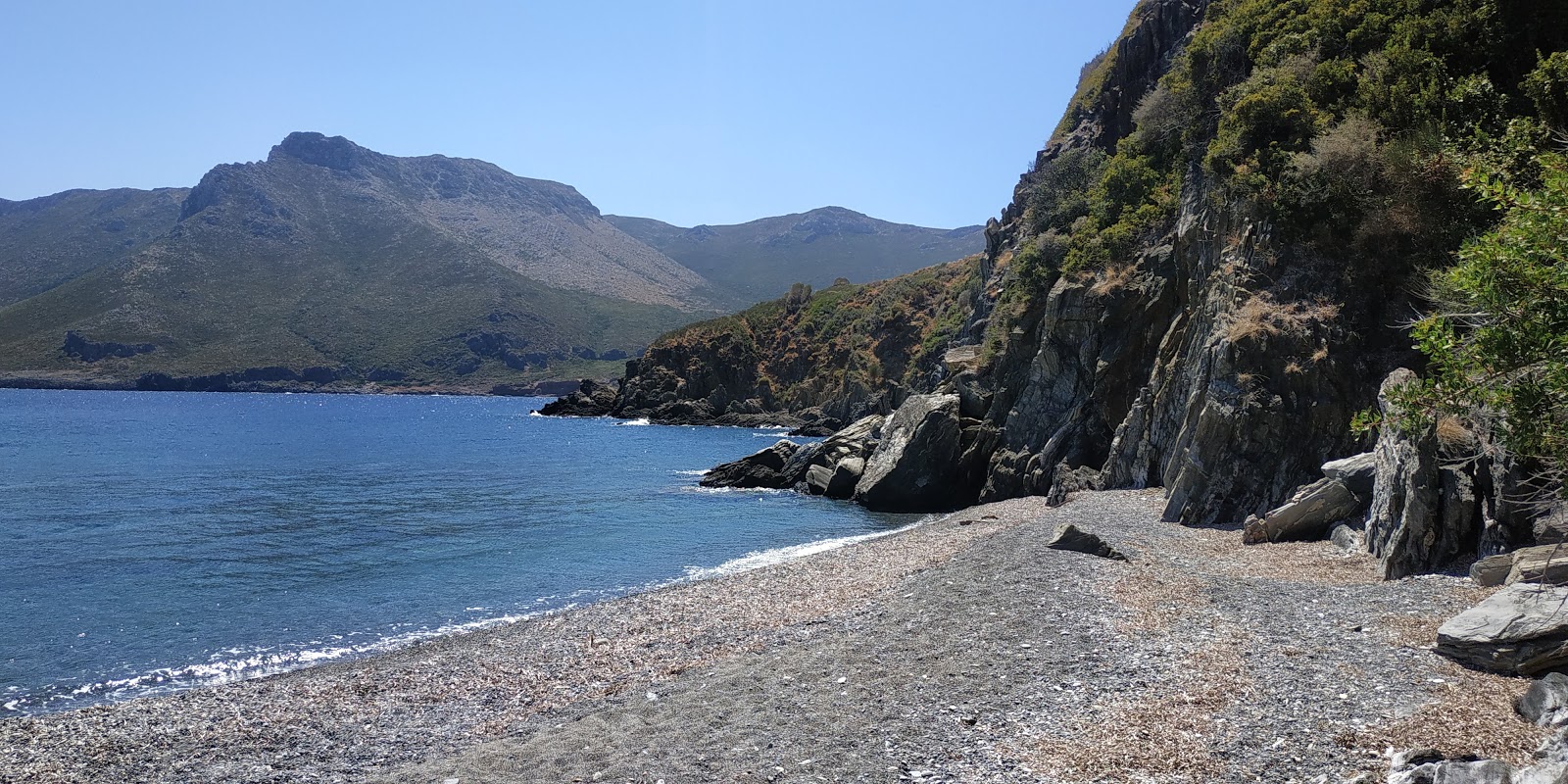 Fotografie cu Agios Georgios beach sprijinit de stânci