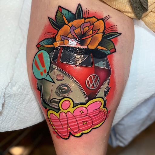 Explore sticker tattoo ideas, creative tattoo ideas in Senoia, available at Messenger Tattoo Studio