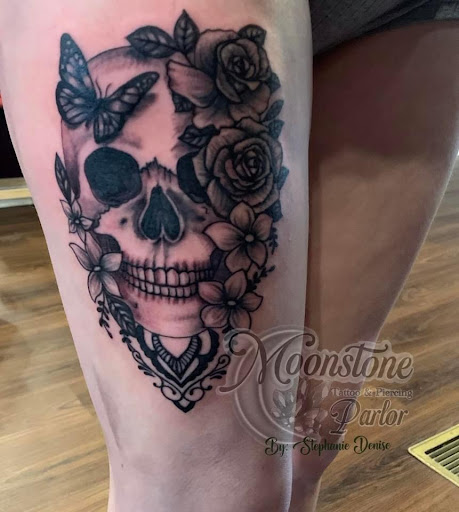 Explore leg sleeve tattoo ideas, creative tattoo ideas in Shelbyville, available at Moonstone Tattoo and Piercing Parlor