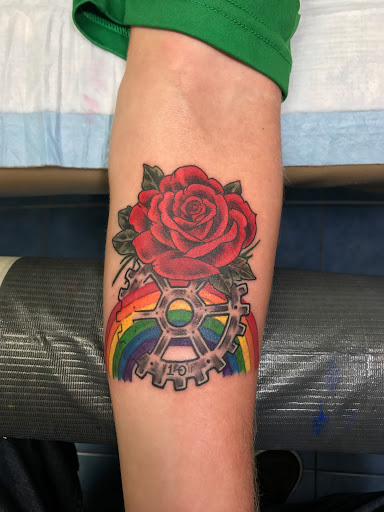 Explore sticker sleeve tattoo ideas, creative tattoo ideas in Aurora, available at Ronin Tattoo Studio INC