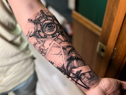 Explore religious elbow tattoo ideas, creative tattoo ideas in Borger, available at KatLovo Tattoo