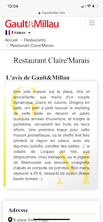 Carte du Restaurant Claire'Marais à Saint-Omer