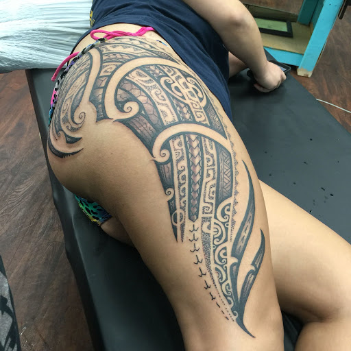 Explore male groin tattoo ideas, creative tattoo ideas in Hilo, available at Native Flesh Tattoo