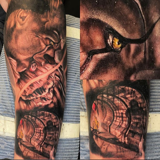 Explore mens family sleeve tattoo ideas, creative tattoo ideas in Odessa, available at Black Cat Tattoo Company