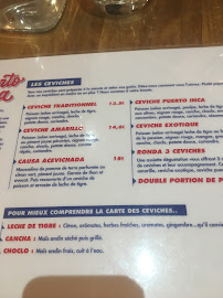 Puerto Inca (Bar à Ceviche) à Paris menu