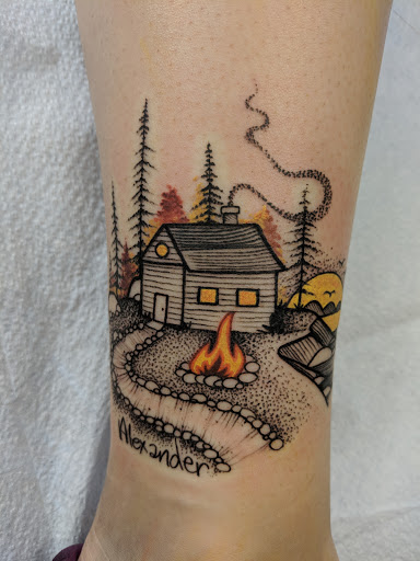 Explore electric guitar tattoo ideas, creative tattoo ideas in Green Bay, available at Endless Expansion Custom Tattoo LLC & Alyssa Marie Paramedical & Areola Tattoos