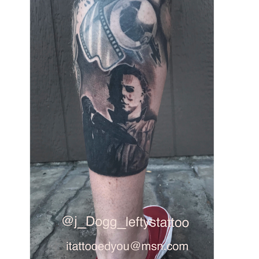 Explore black and white sleeve tattoo ideas, creative tattoo ideas in Orange, available at Leftys Tattoo