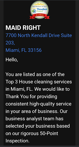 House Cleaning Service «Maid Right of South Miami», reviews and photos, 7700 N Kendall Dr #203, Miami, FL 33156, USA