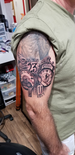 Explore thigh tattoo cover up ideas, creative tattoo ideas in Virginia Beach, available at World Famous Blue Horseshoe Tattoo and Piercing Independence