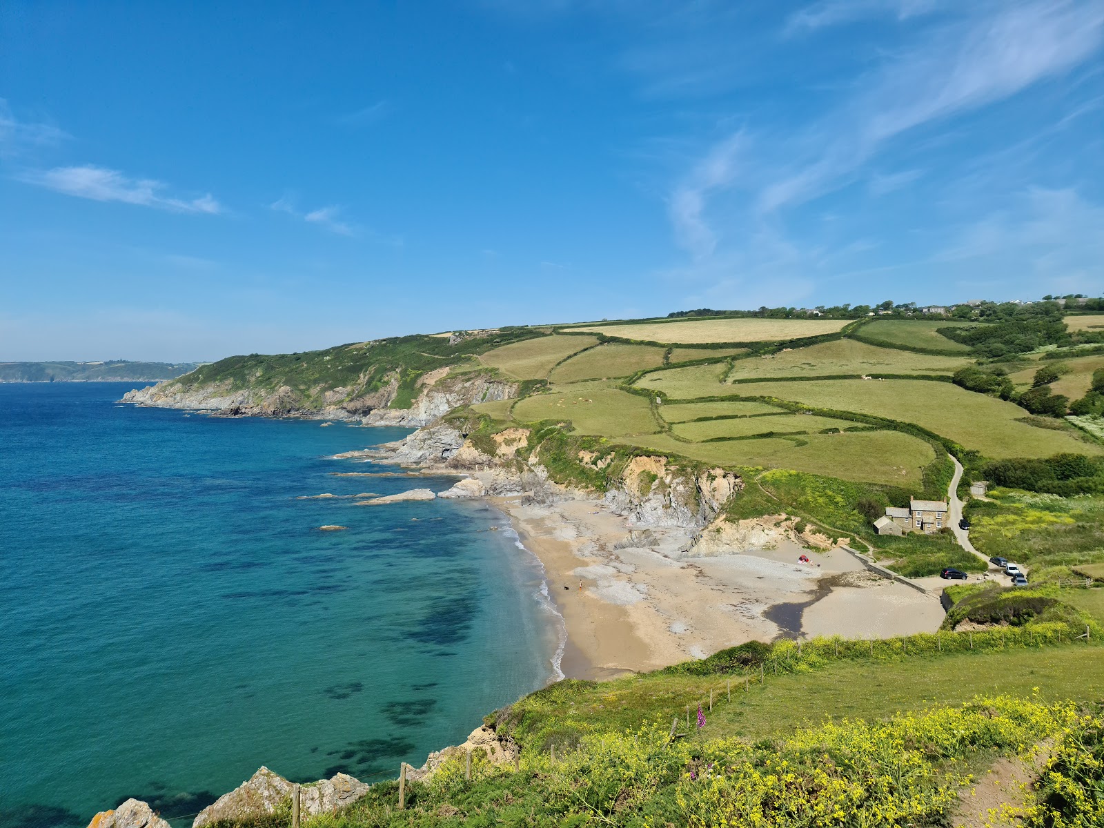 Photo of Hemmick beach with turquoise pure water surface