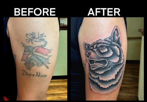 Explore split personality tattoo ideas, creative tattoo ideas in Durham, available at Tattoo Asylum