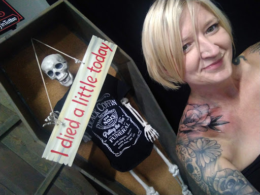 Explore religious elbow tattoo ideas, creative tattoo ideas in Saint Paul, available at Black Coffin Tattoo