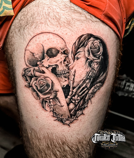 Explore men thigh tattoo ideas, creative tattoo ideas in San Antonio, available at Twisted Tattoo