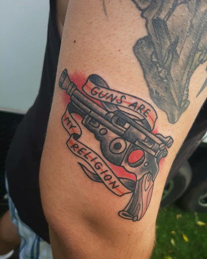 Explore inner bicep tattoo ideas, creative tattoo ideas in Lakeview, available at Backwoods Tattoo Studio