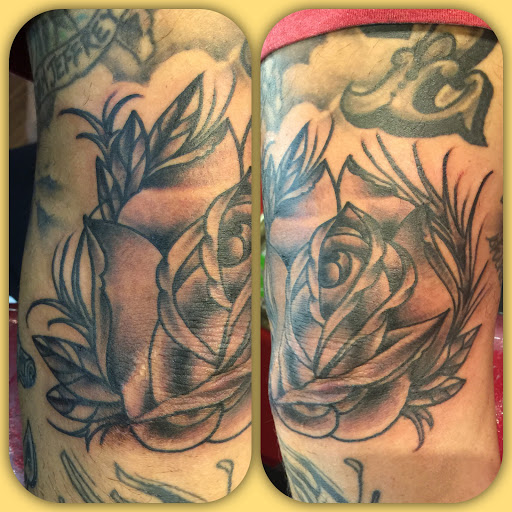 Explore halloween sleeve tattoo ideas, creative tattoo ideas in Pittsburgh, available at Godspeed Tattoo and Body Piercing