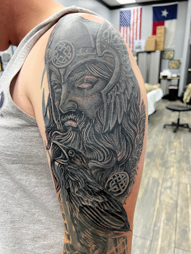 Explore tattoo sleeve filler ideas for a man, creative tattoo ideas in El Paso, available at American Tattoo Society of Ft Bliss