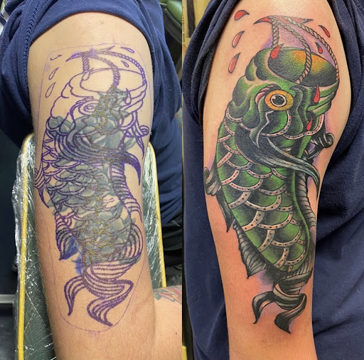 Explore background ideas for sleeve tattoos, creative tattoo ideas in Lawton, available at Liberty Port Tattoo