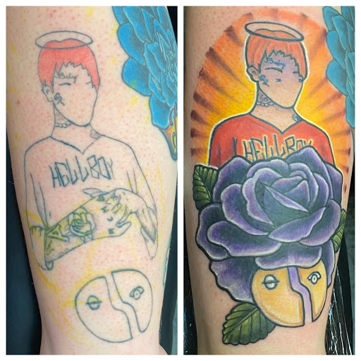 Explore mens patchwork tattoo ideas, creative tattoo ideas in Helena, available at Velvet Rose Tattoo