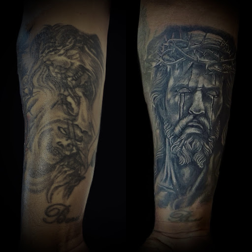 Explore alpha omega tattoo ideas, creative tattoo ideas in Newfield, available at Parabellum Tattoo Studio