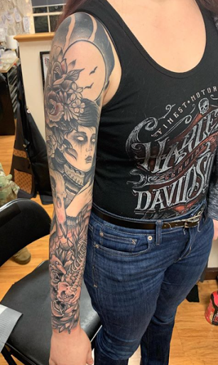 Explore sleeve tattoo background ideas, creative tattoo ideas in Concord, available at The Gallery Tattoo Studio