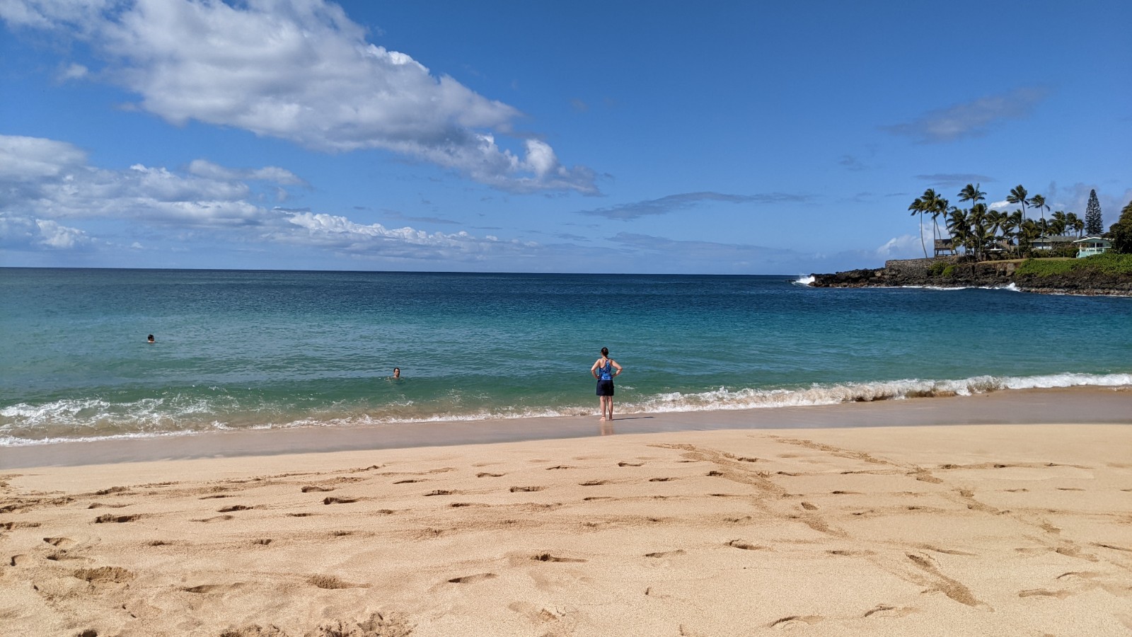 Foto af Waimea Beach bakket op af klipperne