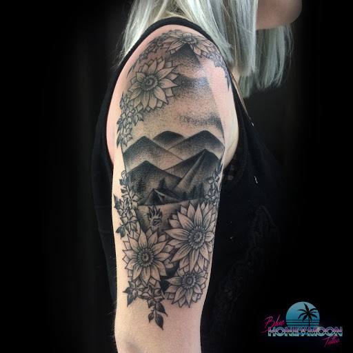 Explore horror half sleeve tattoo ideas, creative tattoo ideas in Islip, available at Blue Honeymoon Tattoo