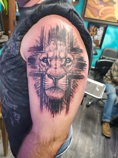 Explore upper arm cover up tattoo ideas, creative tattoo ideas in Stephenville, available at Artistic Realm Tattoos