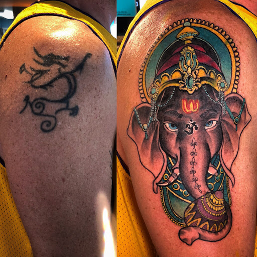 Explore male shoulder tattoo ideas, creative tattoo ideas in Manassas, available at Lamano Ink