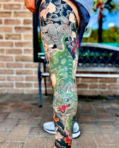 Explore side leg tattoo ideas, creative tattoo ideas in Virginia Beach, available at Salt Water Tattoo