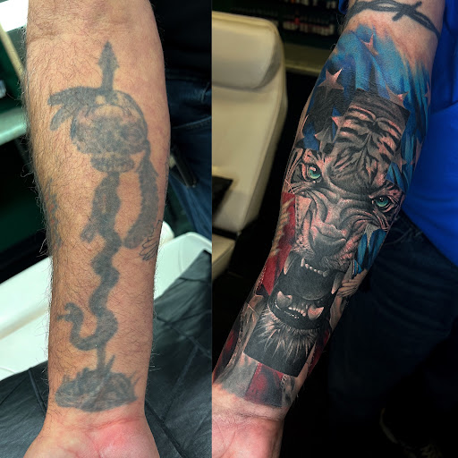 Explore greek tattoo sleeve ideas, creative tattoo ideas in Fairmont, available at Heretic Ink